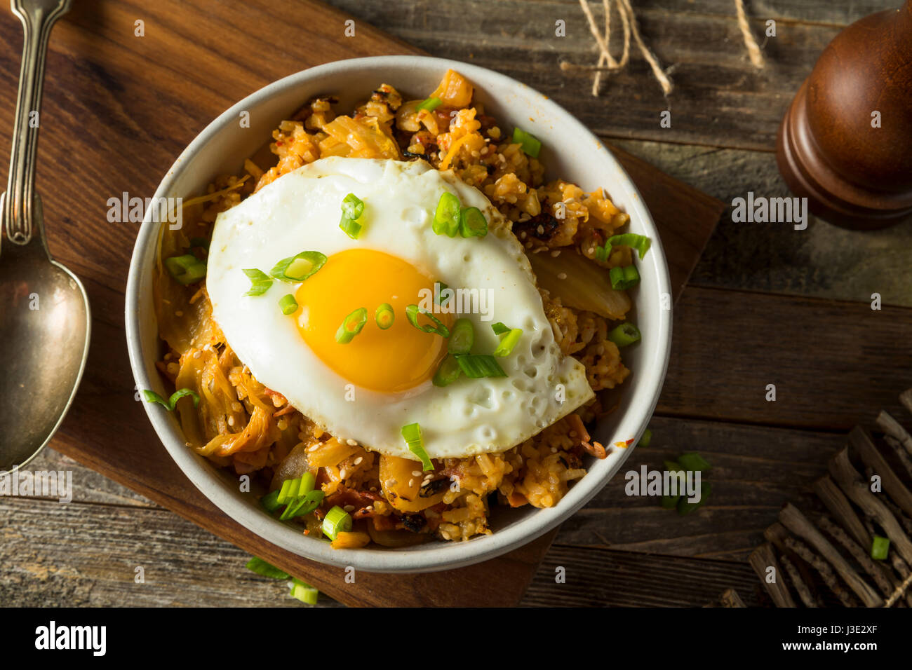 Homemade Korean Kimchi Fried Rice with an Egg Stock Photo