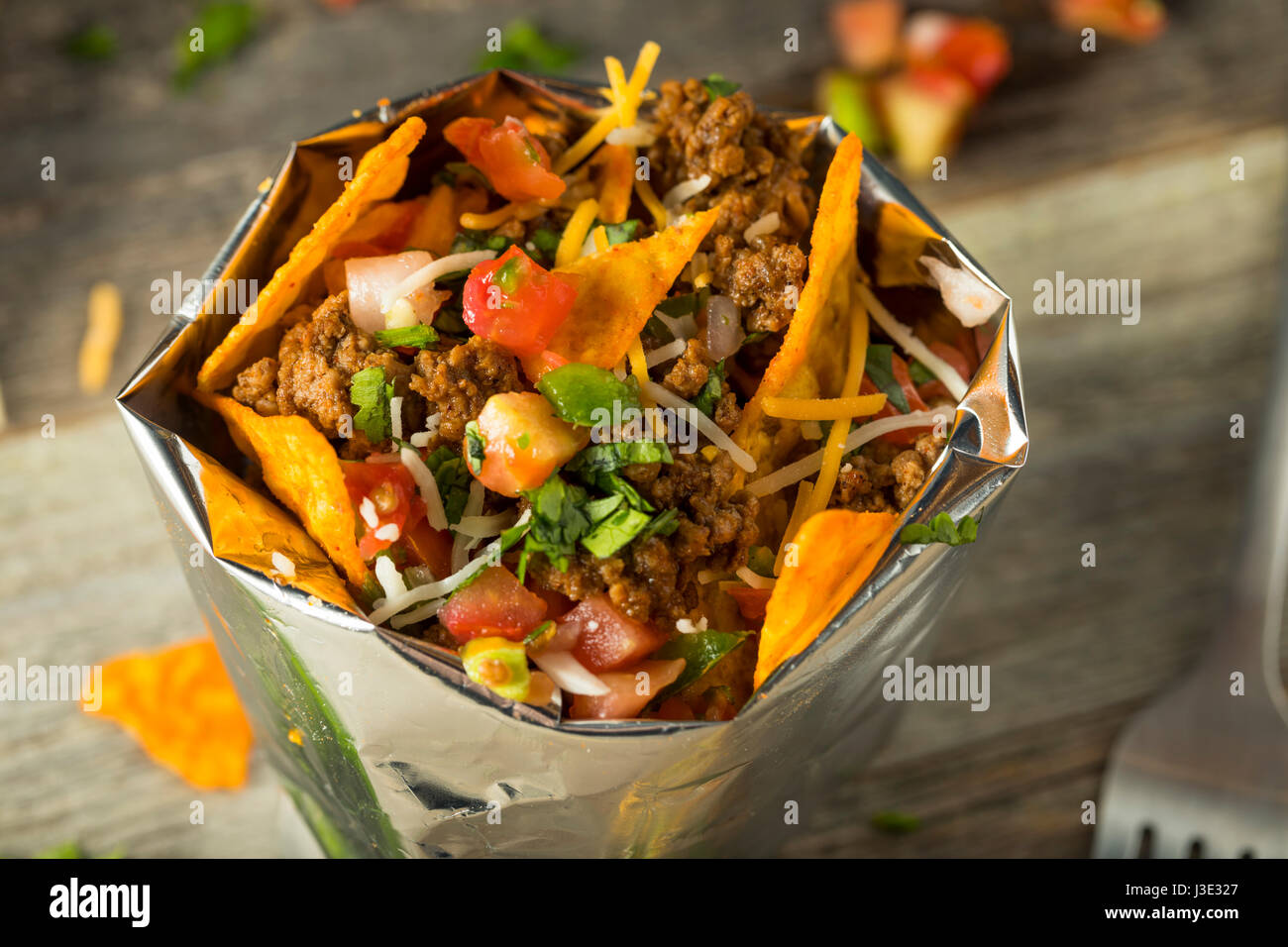 Homemade Beef Walking Taco in a Bag with Chips Stock Photo