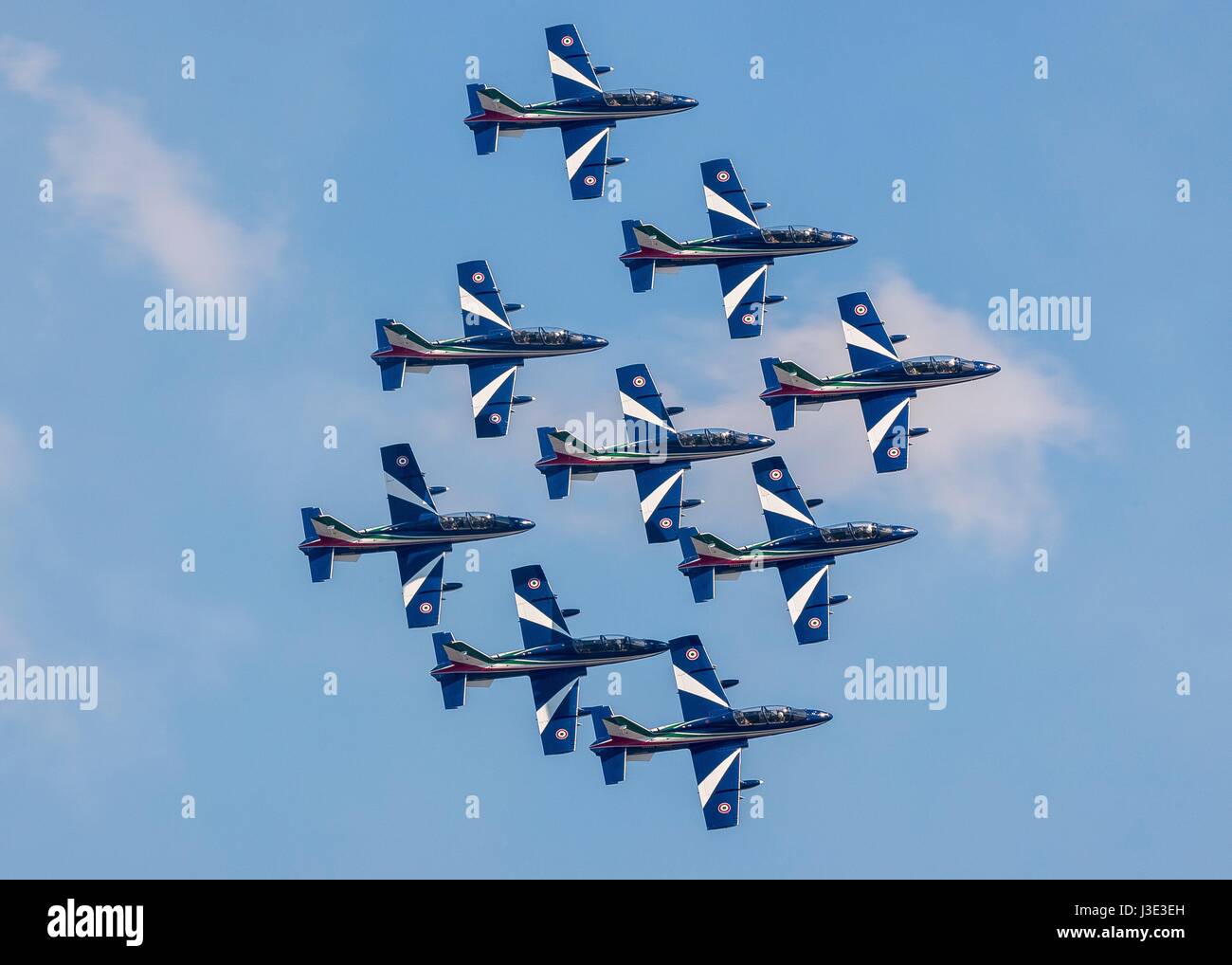 The Italian Air Force Frecce Tricolori aerial demonstration team aircraft fly in formation over the Aviano Air Base April 12, 2017 near Pordenone, Italy.    (photo by Cory W. Bush/US Air Force  via Planetpix) Stock Photo