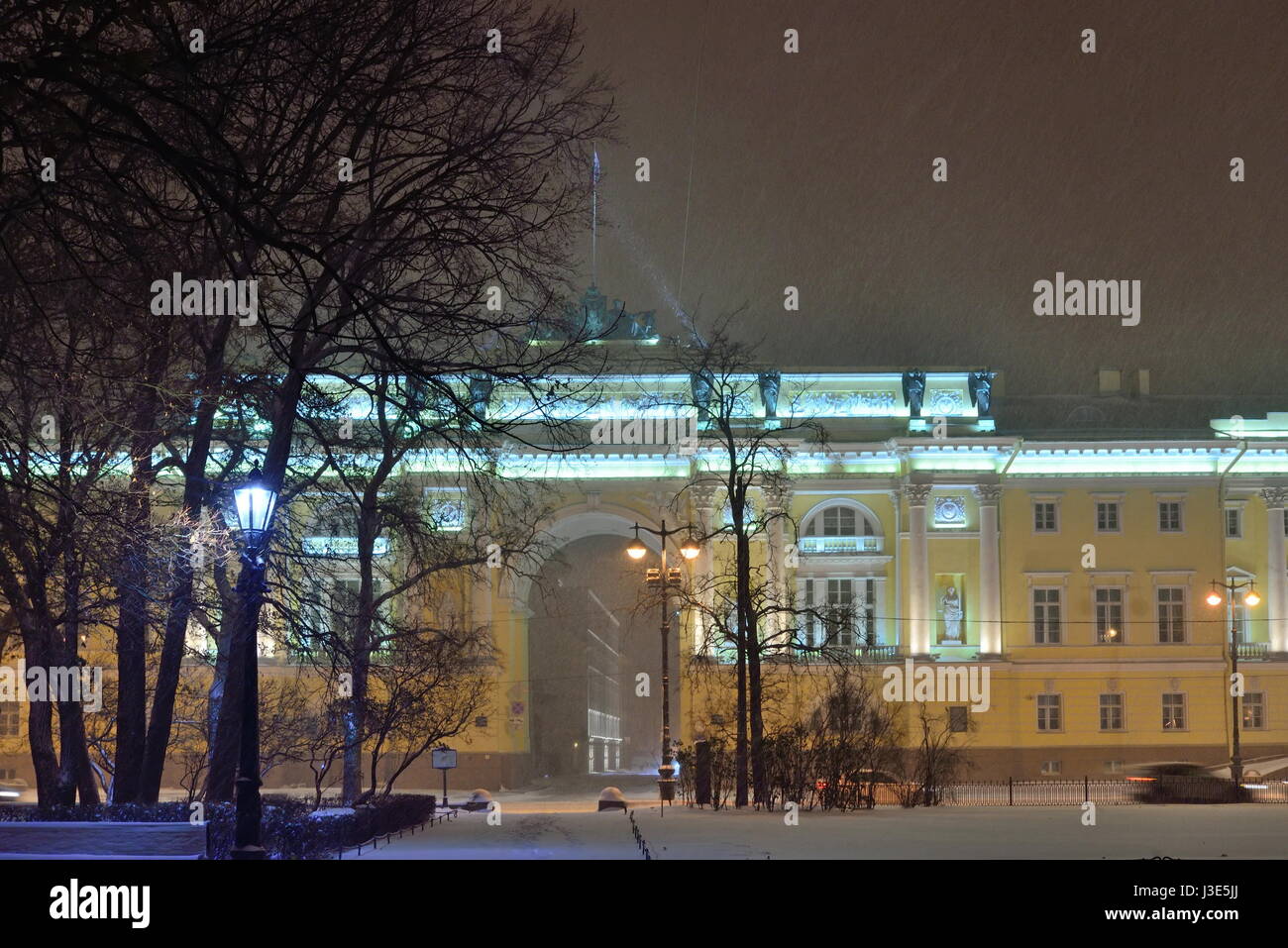 Synod Building The arch of the building of Senate and Synod in the snow night Stock ...