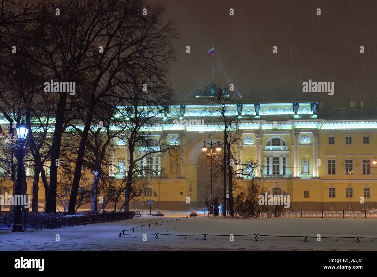 Synod Building The arch of the building of Senate and Synod in the snow night Stock ...