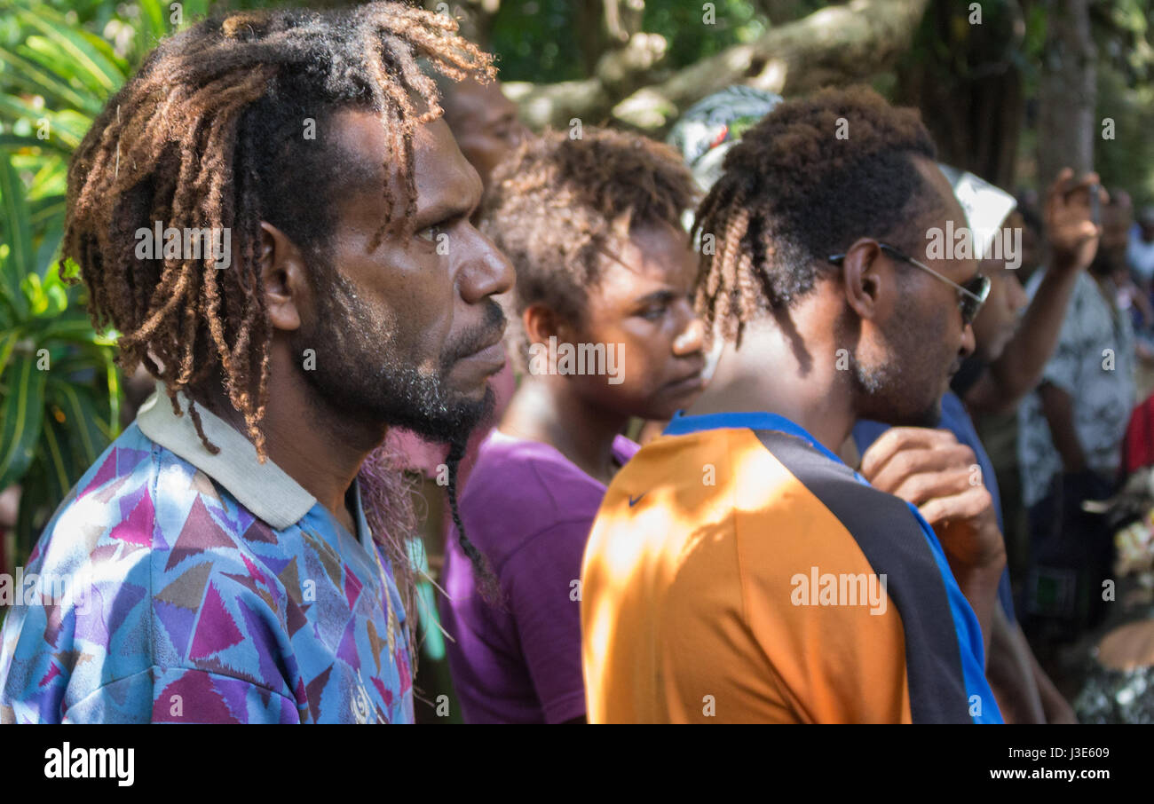 Ranon Village, Ambrym Island, Republic of Vanuatu - March 1th, 2017: Portrait of a melanesian man with dark skin and dreadlocks. Stock Photo
