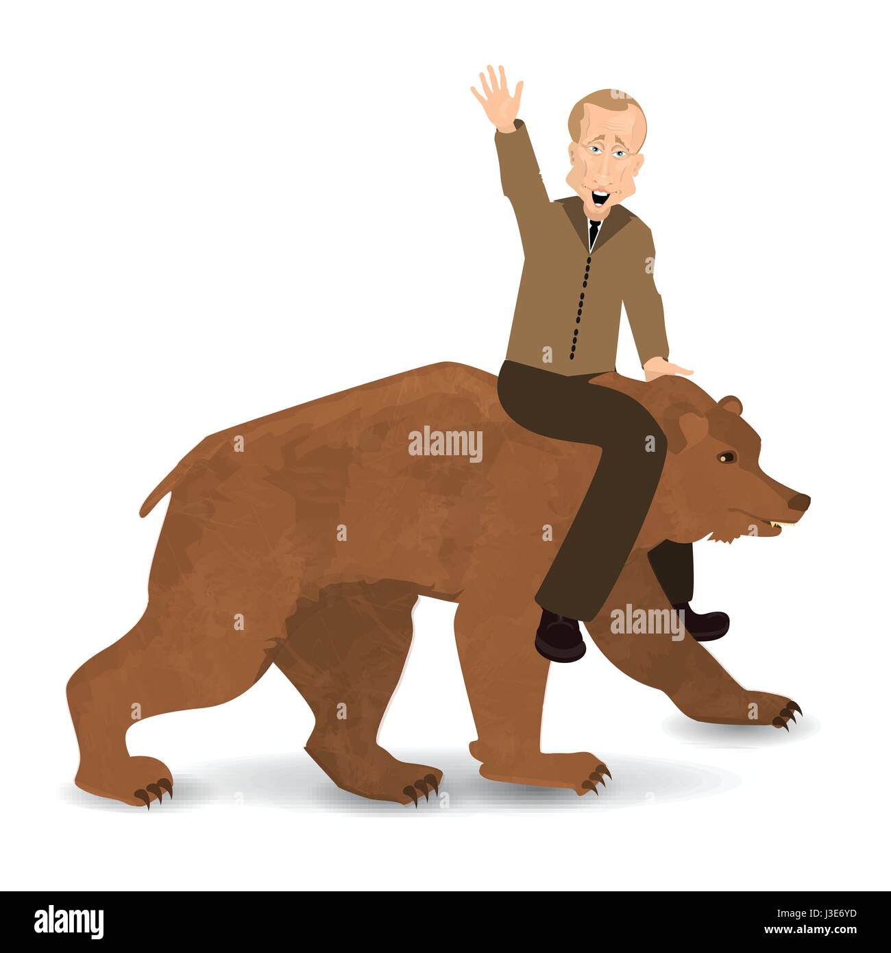 Vladimir Putin riding a bear wild brown. Saddled. Illustration for your design. Bear walking on white background. President of Russia Stock Vector