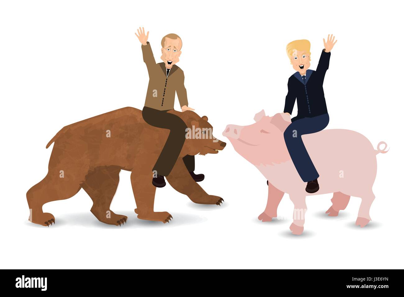 Donald Trump and Vladimir Putin are riding a pig and a bear. On white background. Illustration for your design. President of the United States and Rus Stock Vector