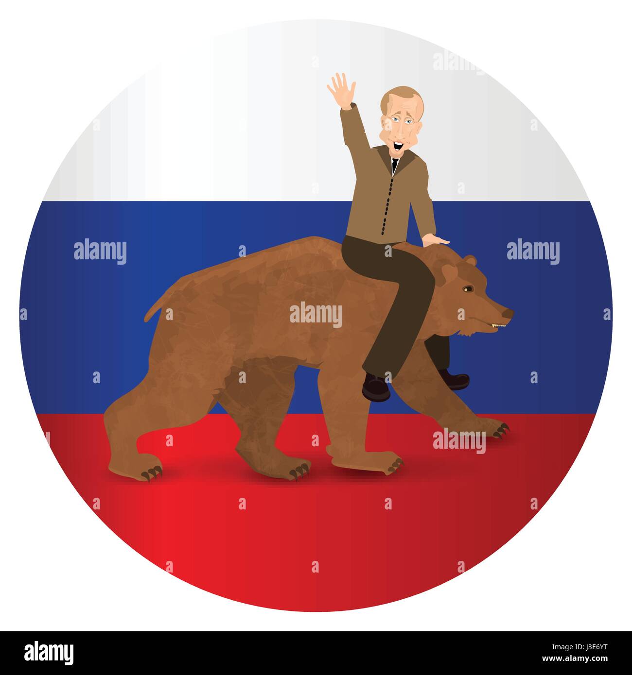 Vladimir Putin riding on a bear wild brown on the background of the flag of Russia. Illustration for your design. Bear walking on white background. Pr Stock Vector