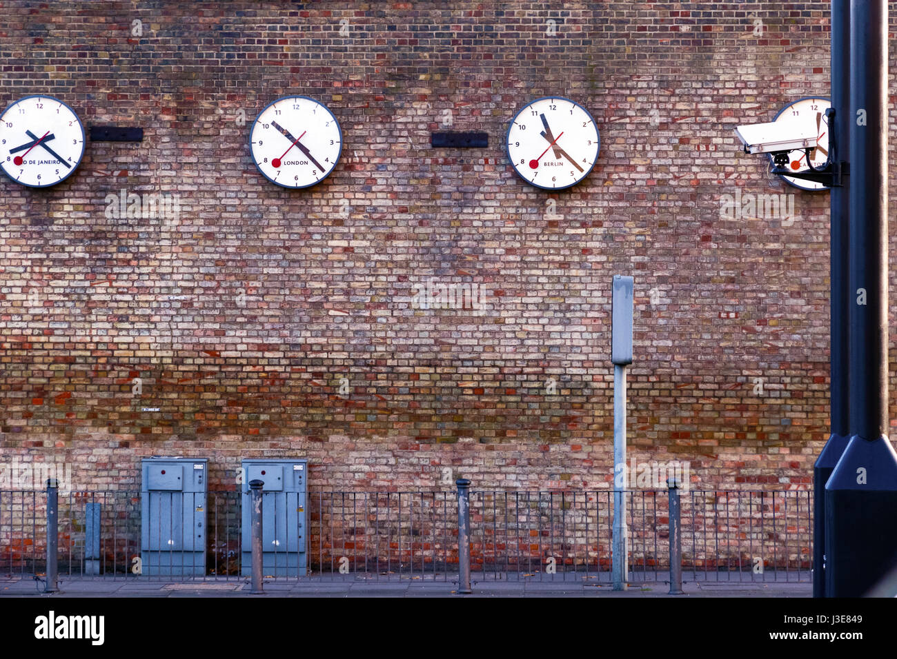 A series of clocks registering the times in major cities on Westferry