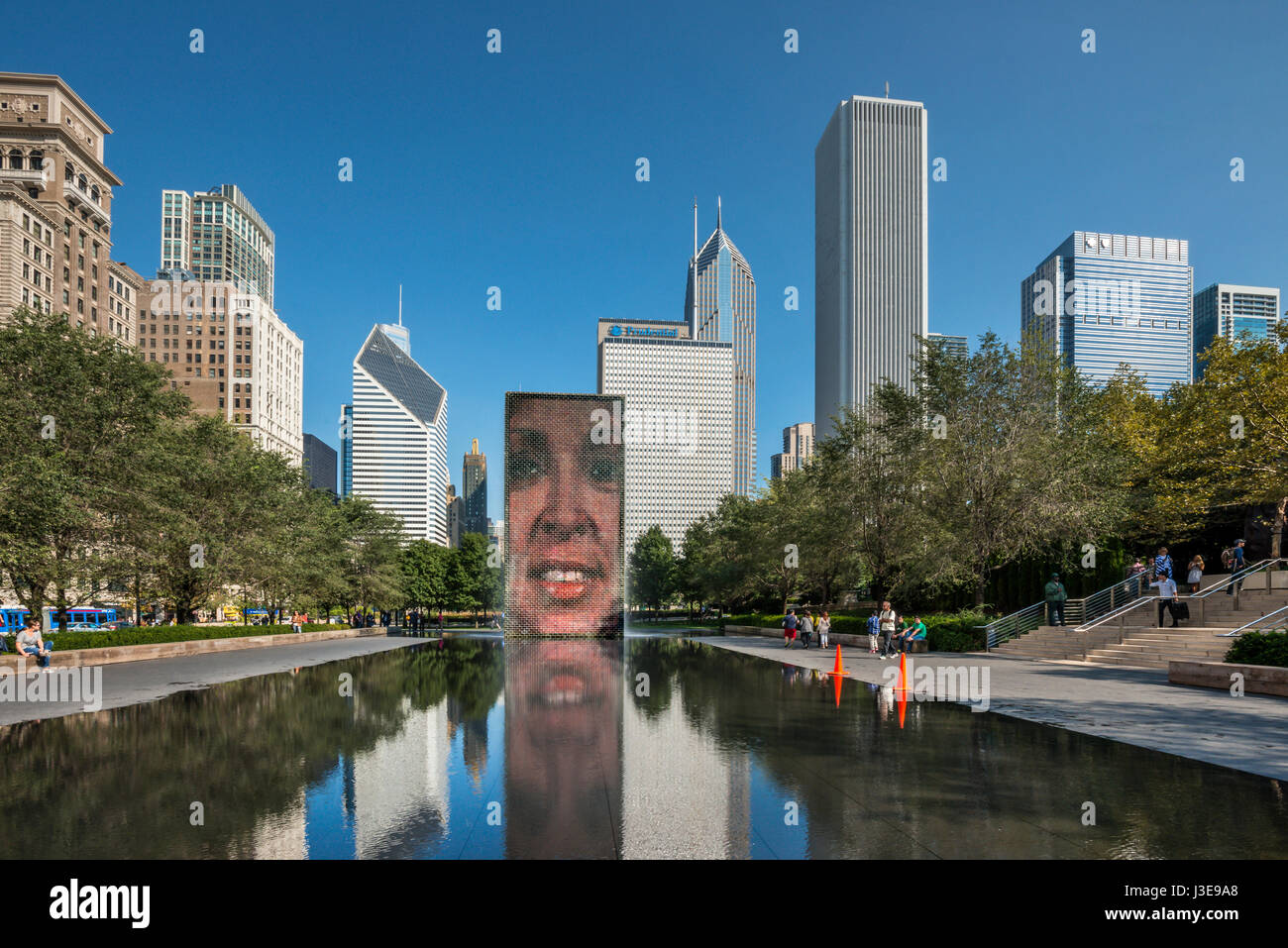 Crown Fountain reflecting pond at Millenium Park Chicago USA Stock Photo