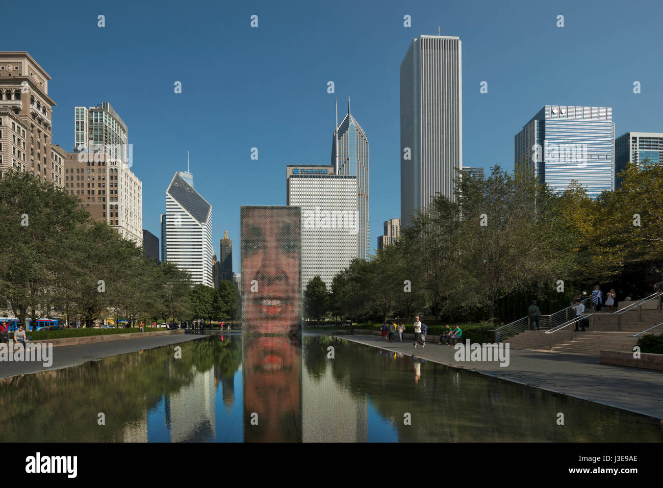 Crown Fountain reflecting pond at Millenium Park Chicago USA Stock Photo
