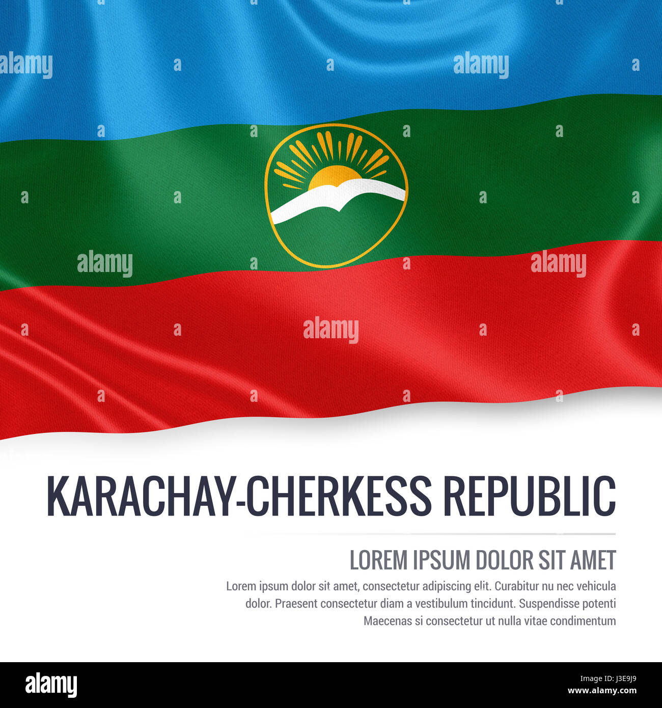Russian state Karachay-Cherkess Republic flag waving on an isolated white background. State name and the text area for your message. 3D illustration. Stock Photo