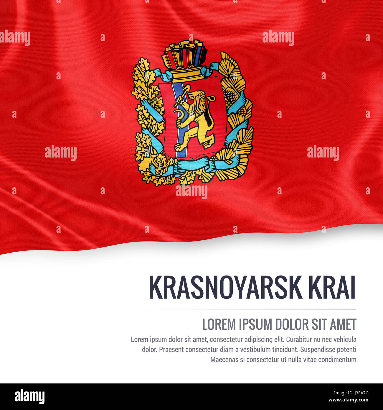 Russian state Krasnoyarsk Krai flag waving on an isolated white background. State name and the text area for your message. 3D illustration. Stock Photo