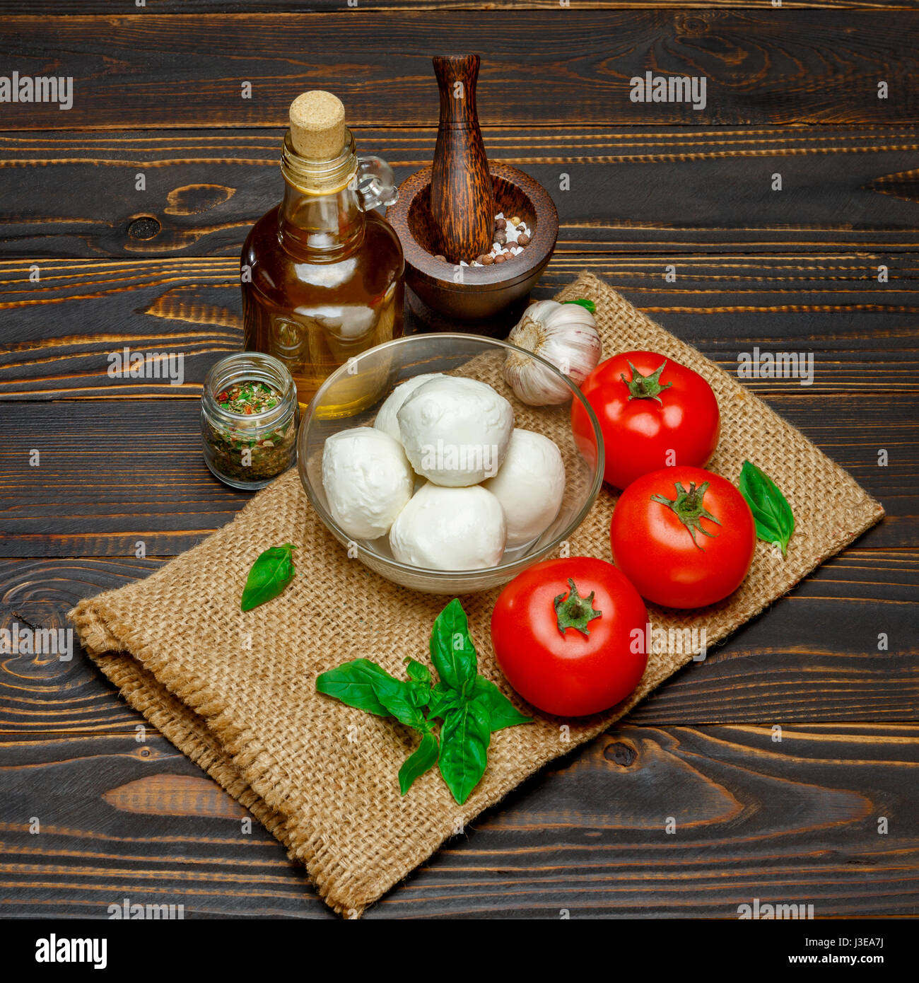 Caprese salad ingridients - Mozzarella and tomato Stock Photo