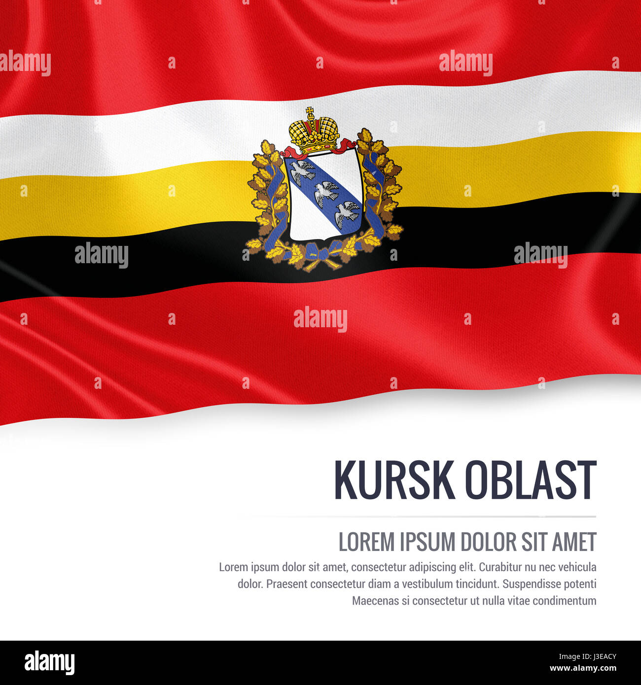 Russian state Kursk Oblast flag waving on an isolated white background. State name and the text area for your message. 3D illustration. Stock Photo