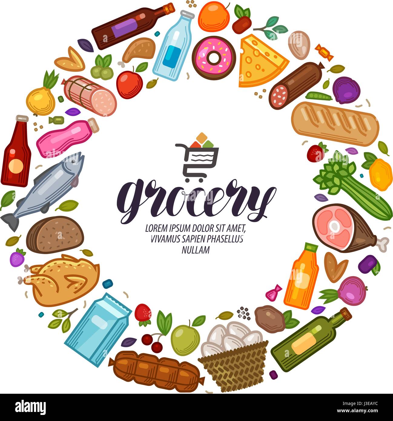Grocery store, banner. Food, drinks set icons. Vector illustration Stock Vector
