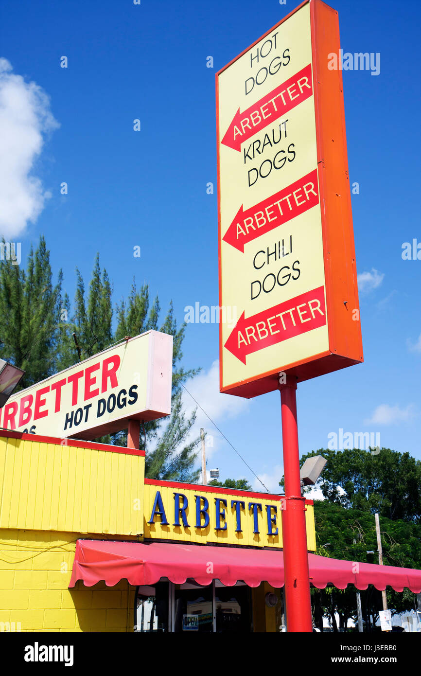 Miami Florida,Arbetter Hot Dogs,restaurant restaurants food dining cafe cafes,stand,sign,chili,kraut,food,FL080921146 Stock Photo