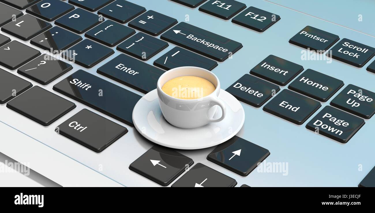 Cup of coffee on a laptop keyboard. 3d illustration Stock Photo Alamy