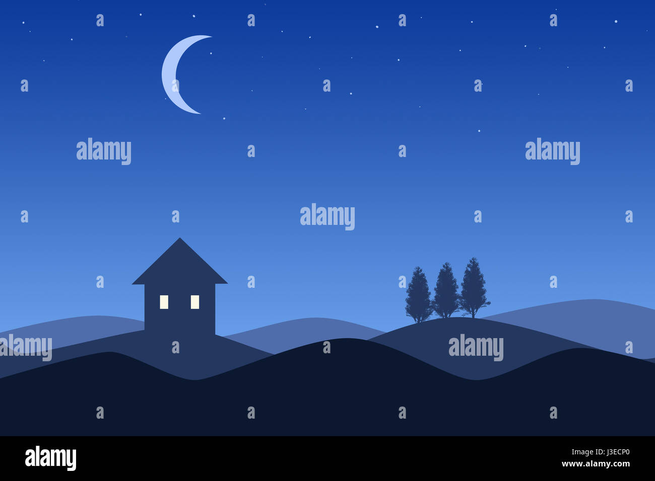 cartoon illlustration of three silhouette houses at night under a blue gradient sky and moon. Stock Photo