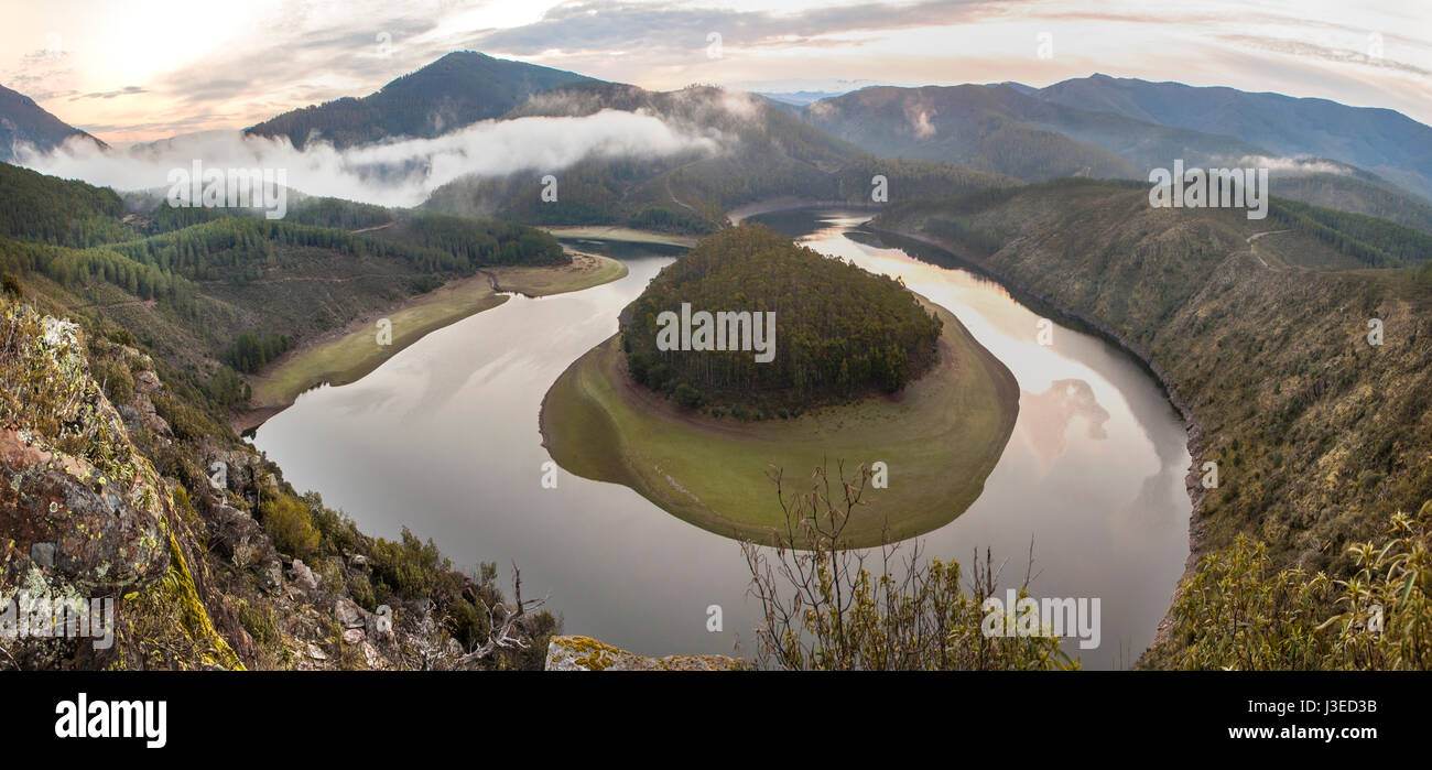 Alagon River Meander called The Melero, at Riomalo de Abajo, Hurdes, Spain. Panoramic view Stock Photo