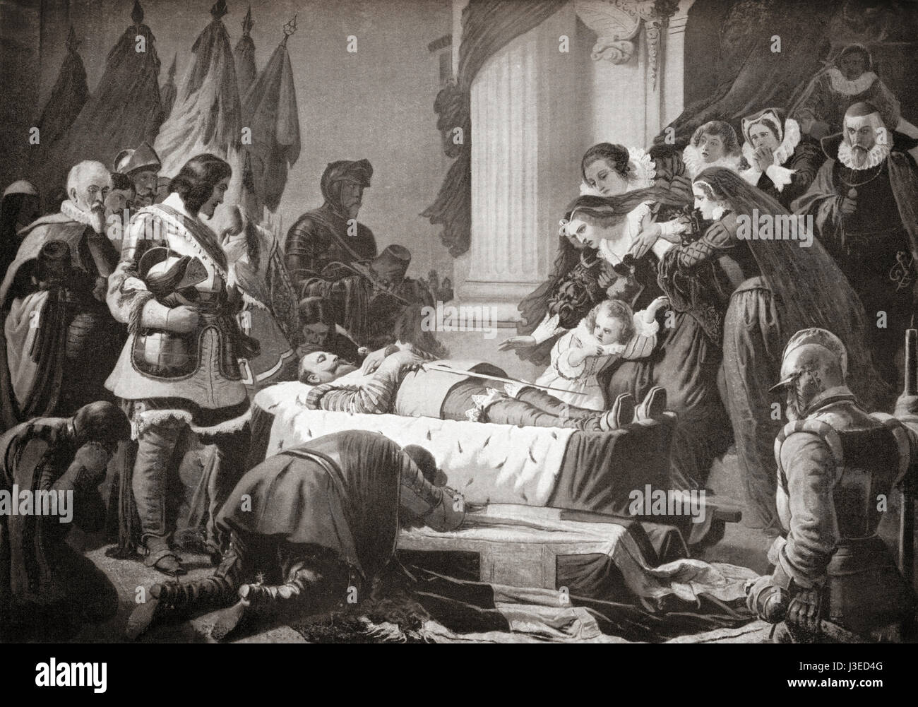 The grief of Maria Eleonora of Brandenburg at the lying- in-state of her deceased husband Gustav II Adolf, 1632.   Gustav II Adolf, 1594 – 1632, aka Gustavus Adolphus or Gustav II Adolph.  King of Sweden.  Maria Eleonora of Brandenburg, 1599 – 1655. German princess and queen consort of Sweden.  From Hutchinson's History of the Nations, published 1915. Stock Photo