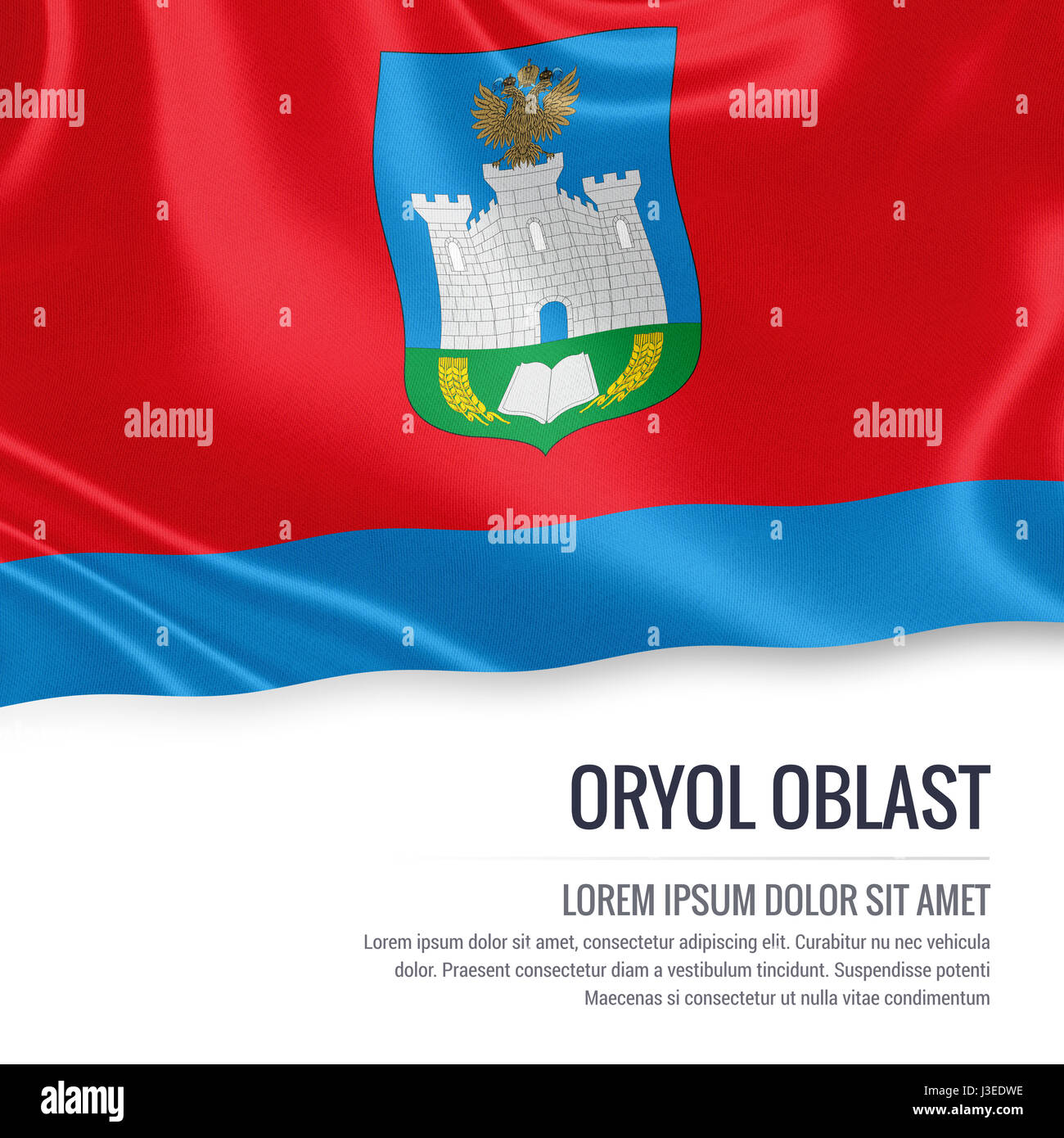 Russian state Oryol Oblast flag waving on an isolated white background. State name and the text area for your message. 3D illustration. Stock Photo