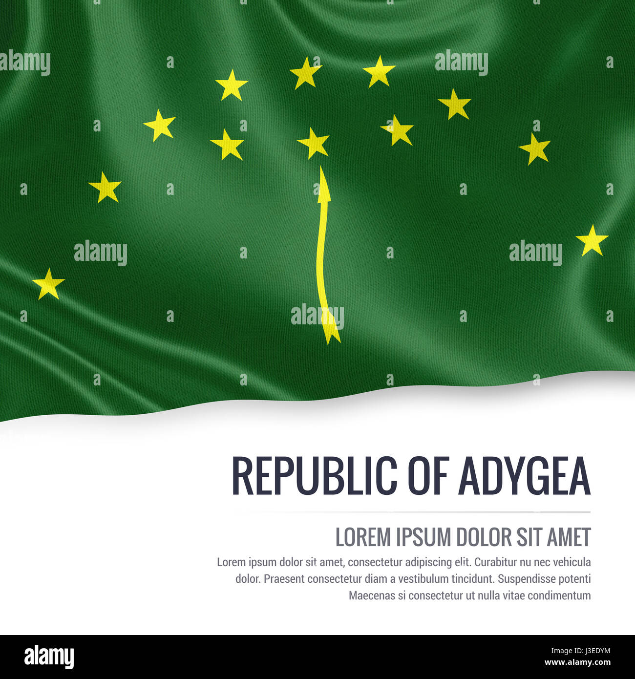 Russian state Republic of Adygea flag waving on an isolated white background. State name and the text area for your message. 3D illustration. Stock Photo