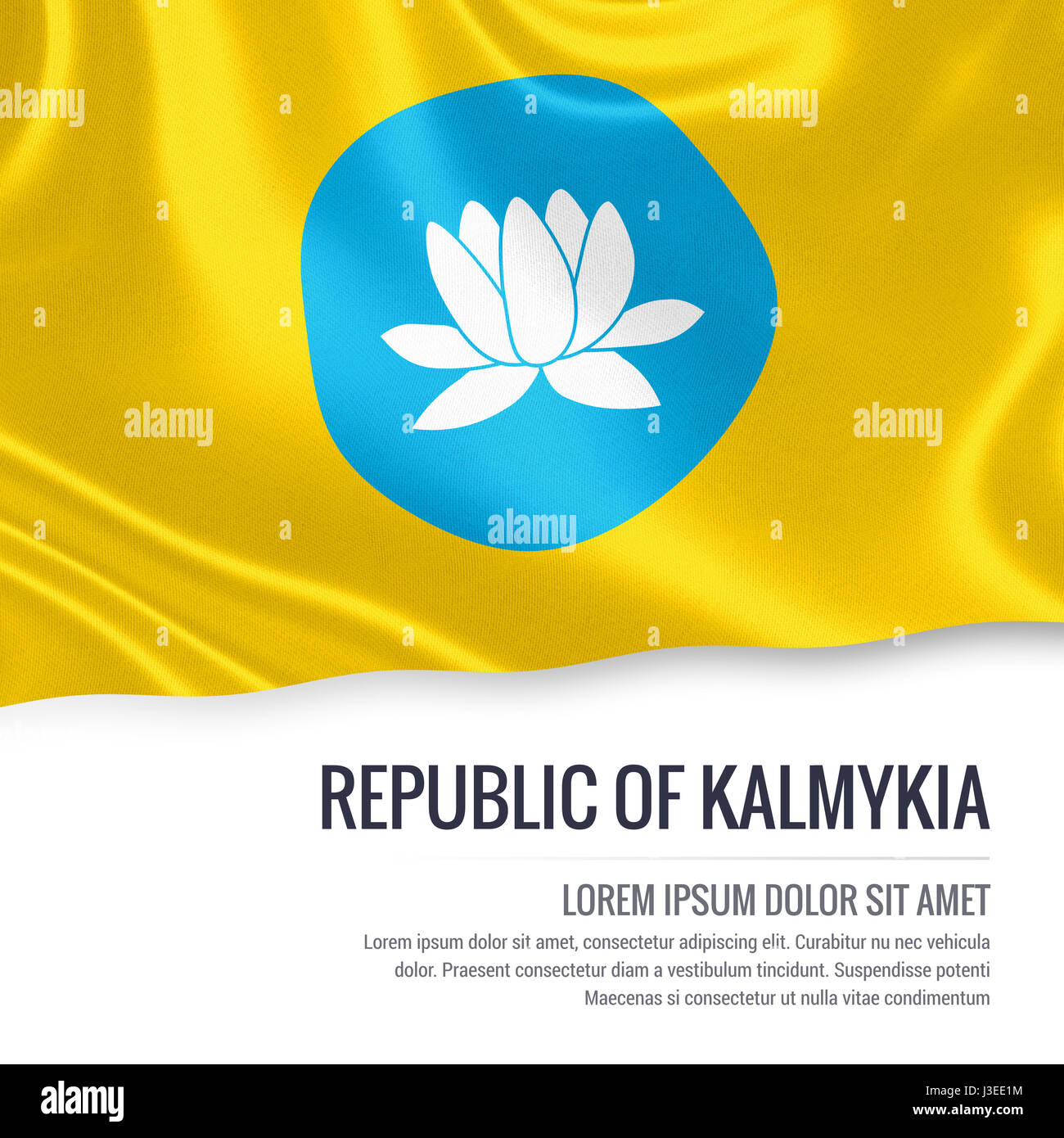 Russian state Republic of Kalmykia flag waving on an isolated white background. State name and the text area for your message. 3D illustration. Stock Photo