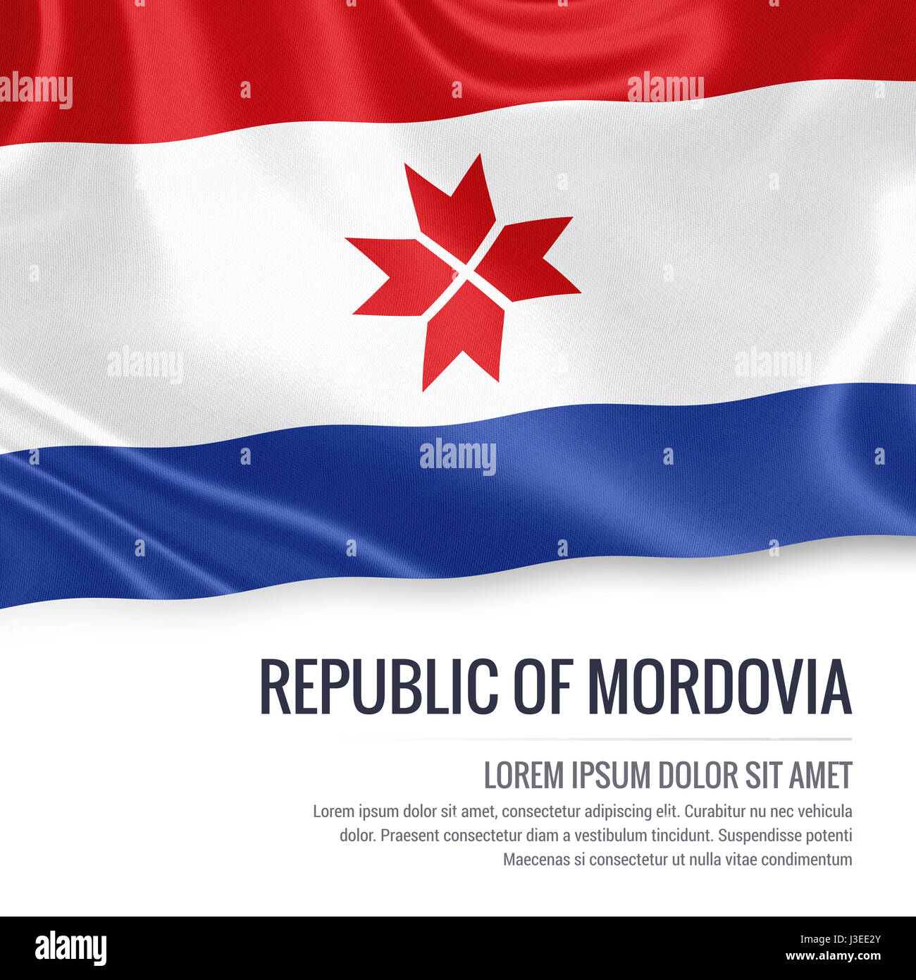 Russian state Republic of Mordovia flag waving on an isolated white background. State name and the text area for your message. 3D illustration. Stock Photo