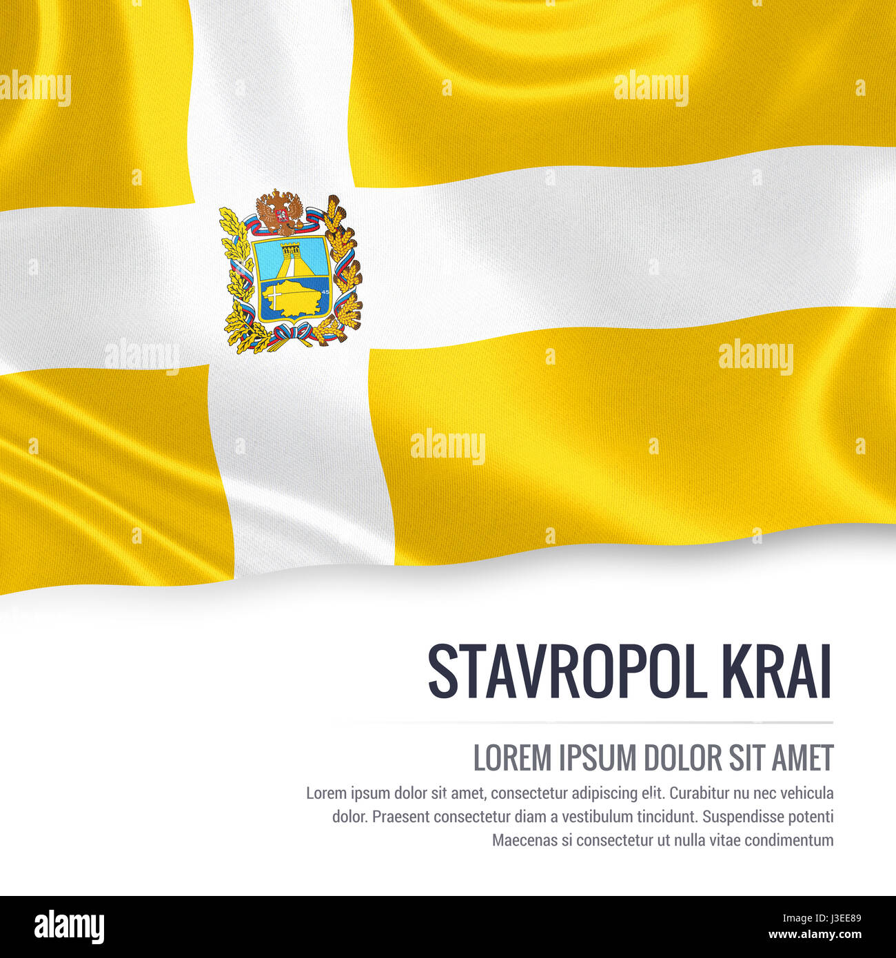 Russian state Stavropol Krai flag waving on an isolated white background. State name and the text area for your message. 3D illustration. Stock Photo