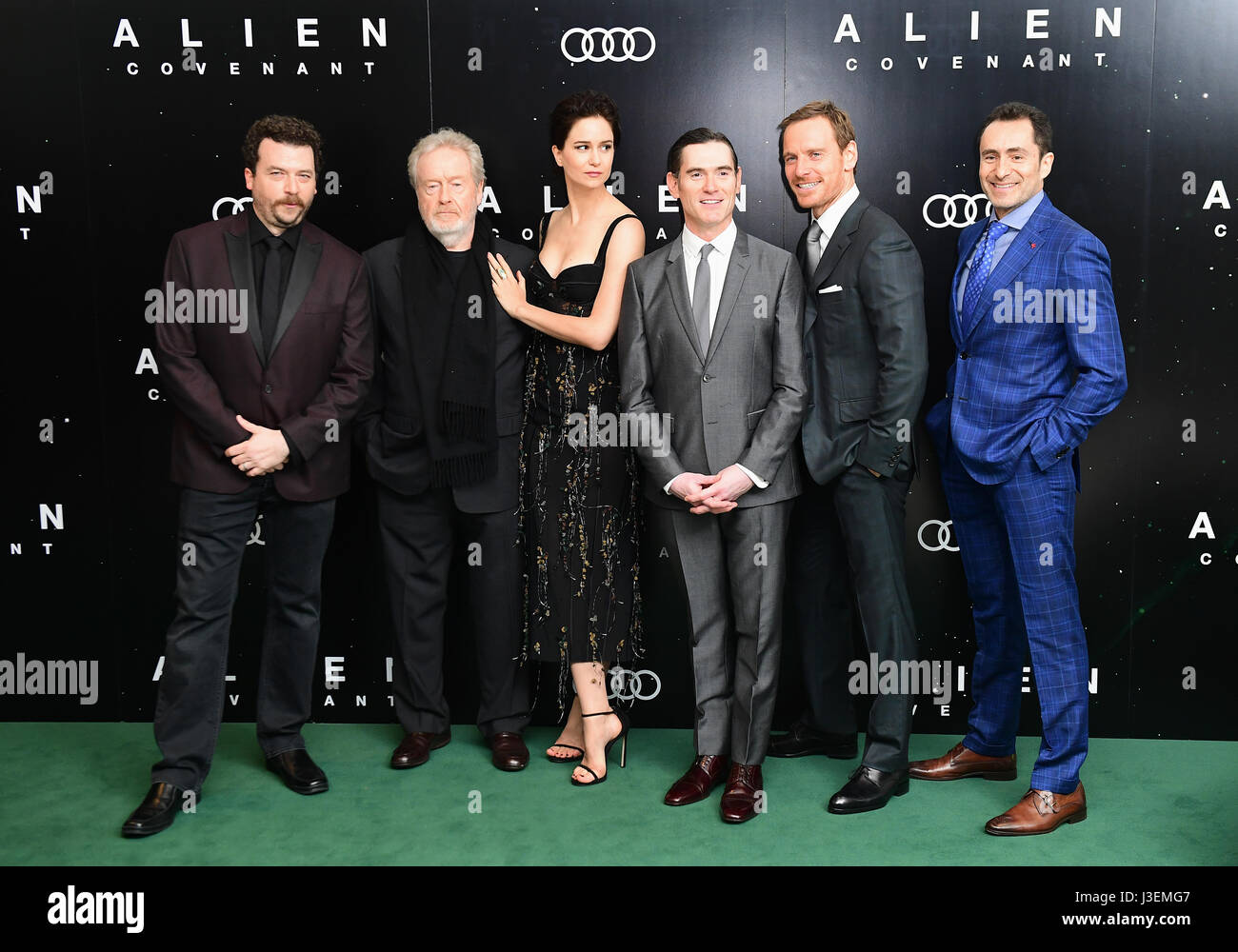 L R Danny Mcbride Ridley Scott Katherine Waterston Billy Crudup Michael Fassbender And 