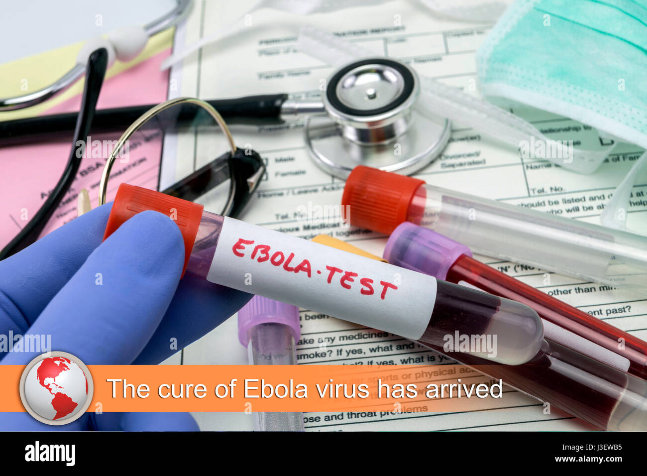 Digital composite of news flash with medical imagery, The cure fo Ebola virus has arrived Stock Photo