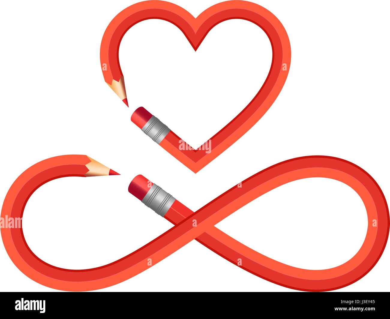 red pencil heart and infinite sign, infinite symbol, set of vector graphic design elements Stock Vector