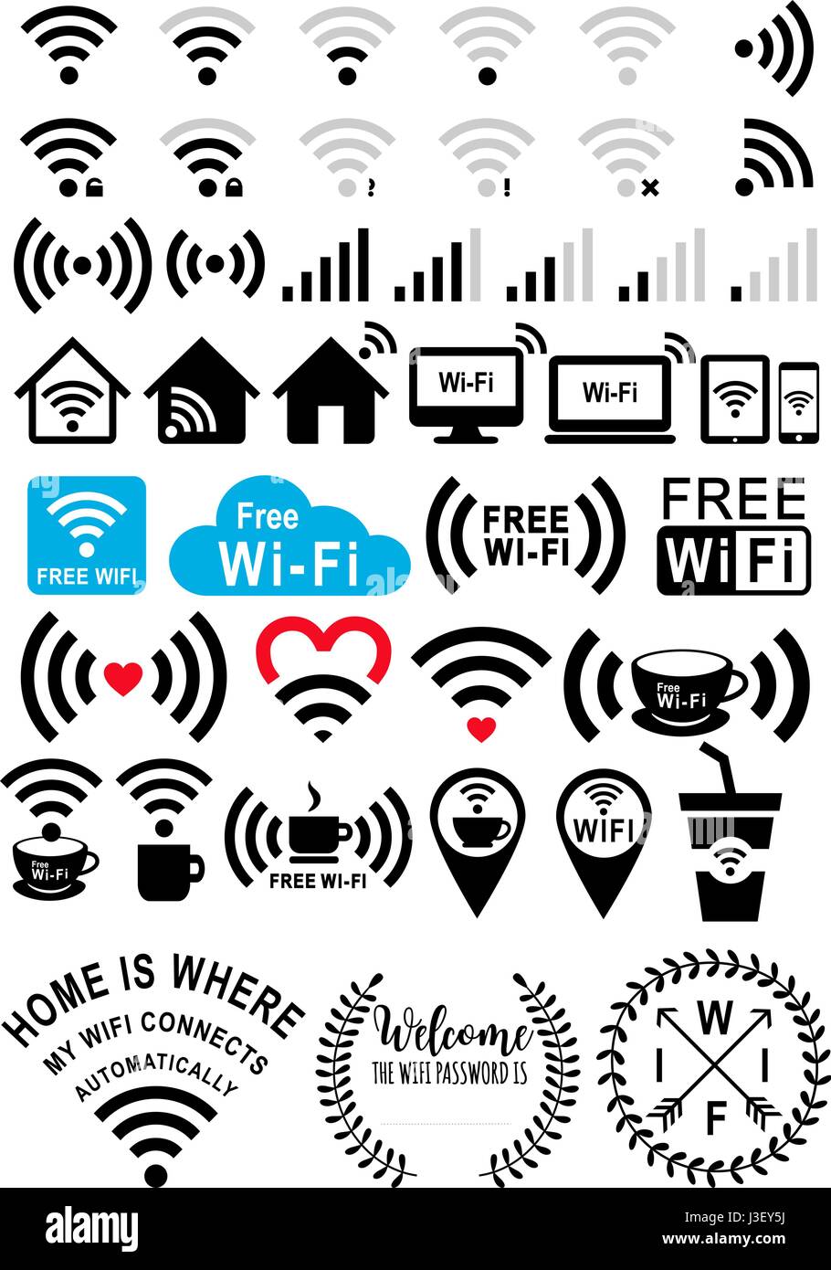 Wifi signs, wi-fi icons, coffee and free wifi zone, set of vector graphic design elements Stock Vector