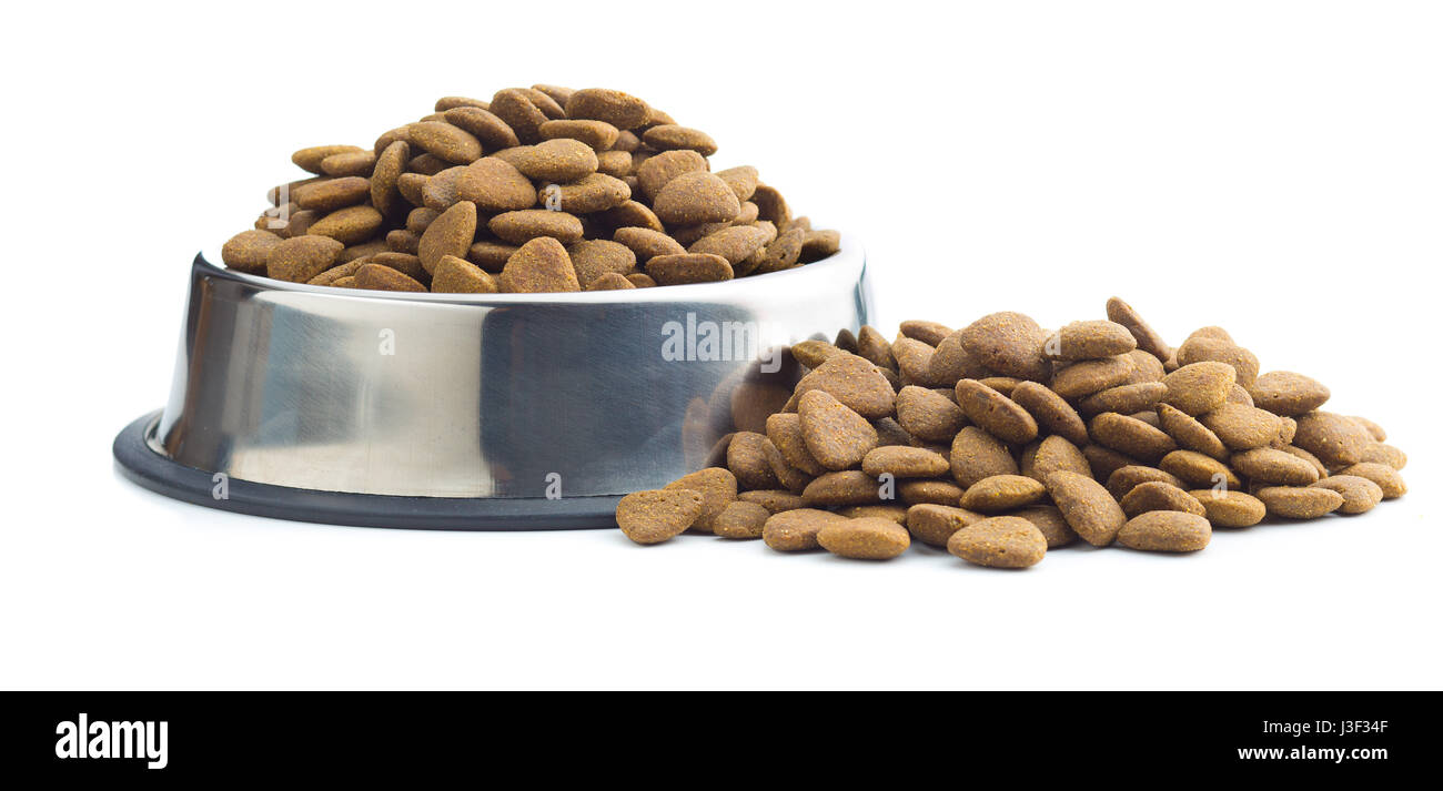 Dry kibble dog food in metal bowl isolated on white background Stock
