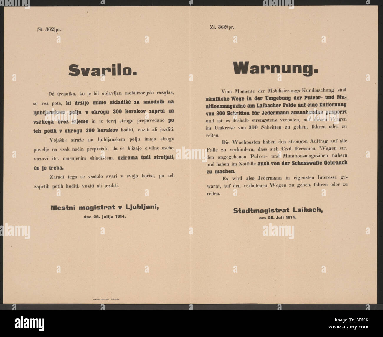 Freihaltung der Wege   Warnung   Laibach   Mehrsprachiges Plakat 1914 Stock Photo