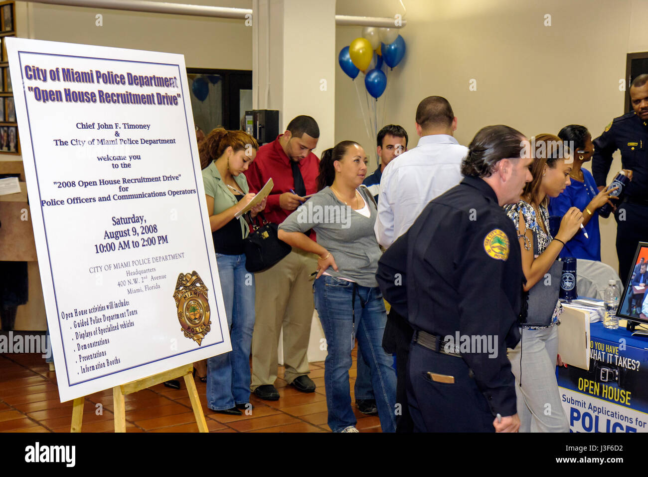 Miami Florida,Miami Police Department,Police Recruitment Open house,houses,poster,multicultural,Black African Africans,Hispanic man men male,woman fem Stock Photo