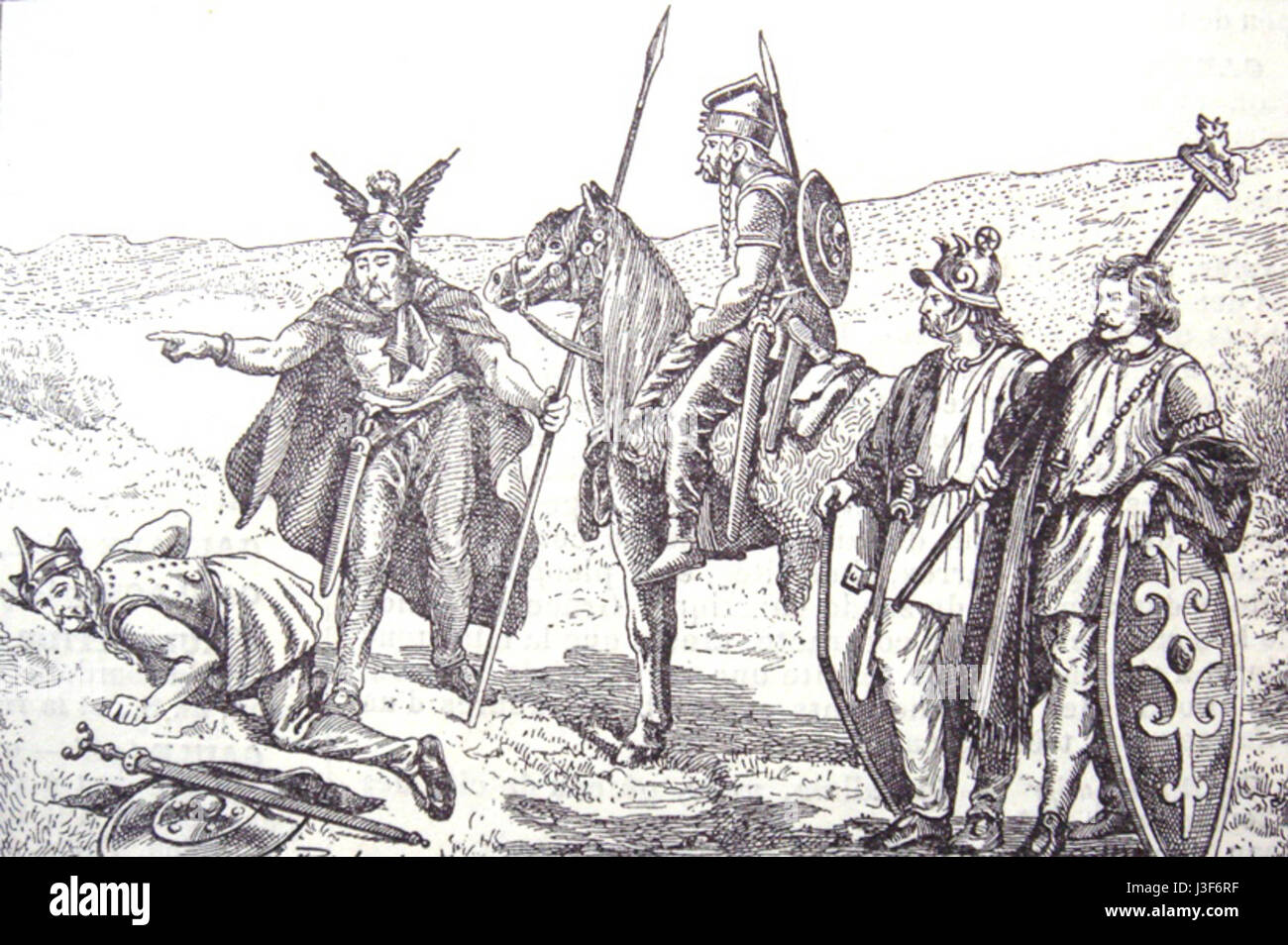 A historical depiction of Gaul soldiers, focusing on their attire, weaponry, and role in ancient history. Stock Photo
