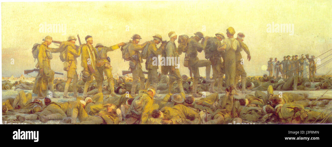 'Gassed' is a powerful painting by John Singer Sargent, created in 1919, depicting the aftermath of a gas attack during World War I. It portrays soldiers blinded by mustard gas, reflecting the horrors of war and the human cost of chemical warfare. Stock Photo