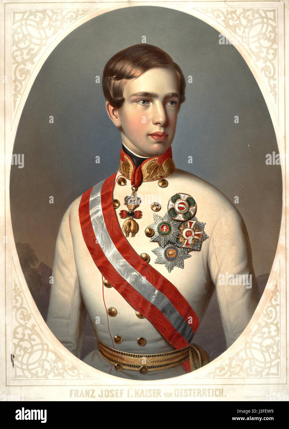 Franz Joseph I of Austria Bauer color lithograph by and after Bauer, dated 1848 by artist; oval bust portrait in uniform and orders Stock Photo