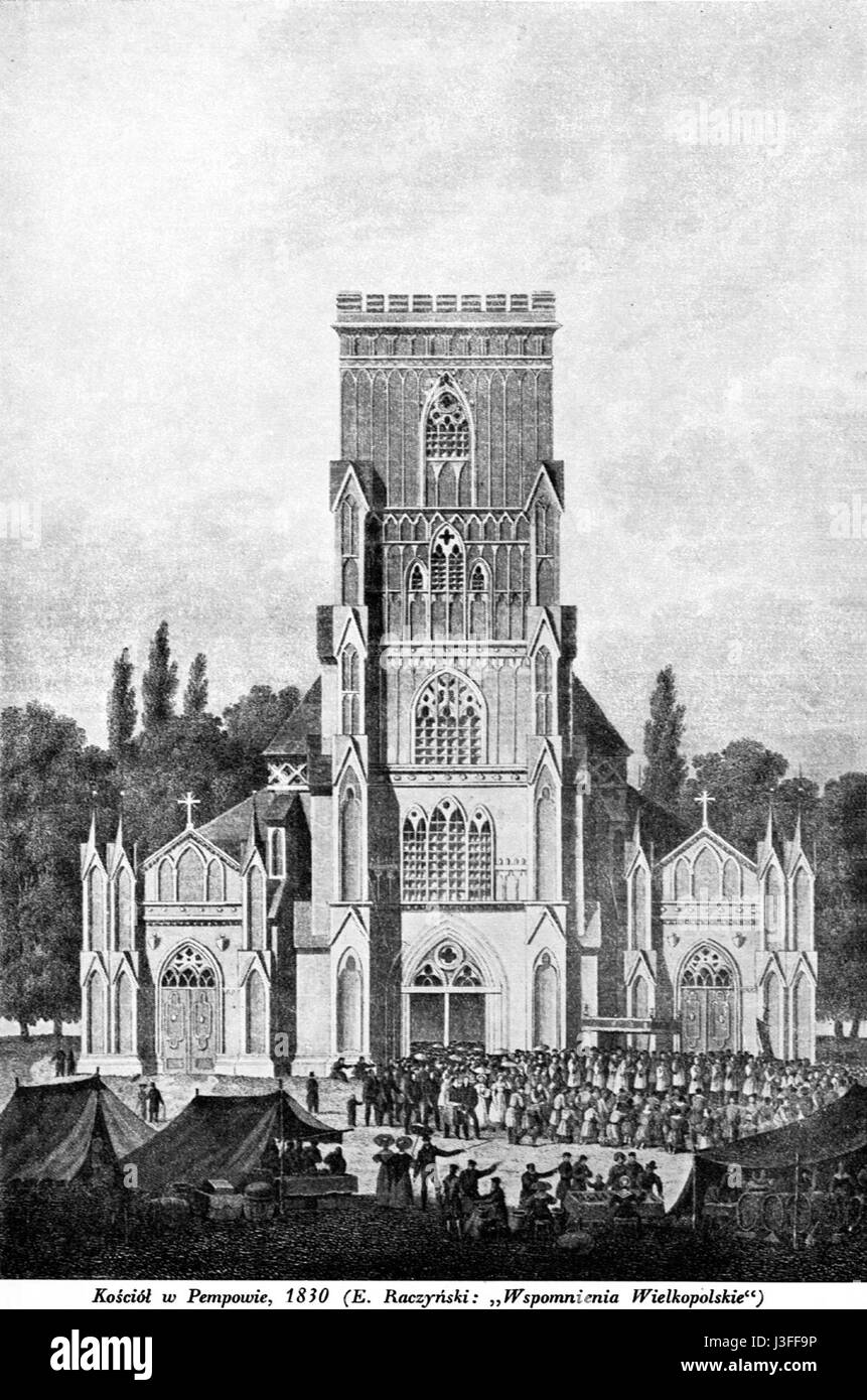 A historical image of the F M Lanci Church in Pepowo, an architectural landmark known for its design and significance to the local community. Stock Photo