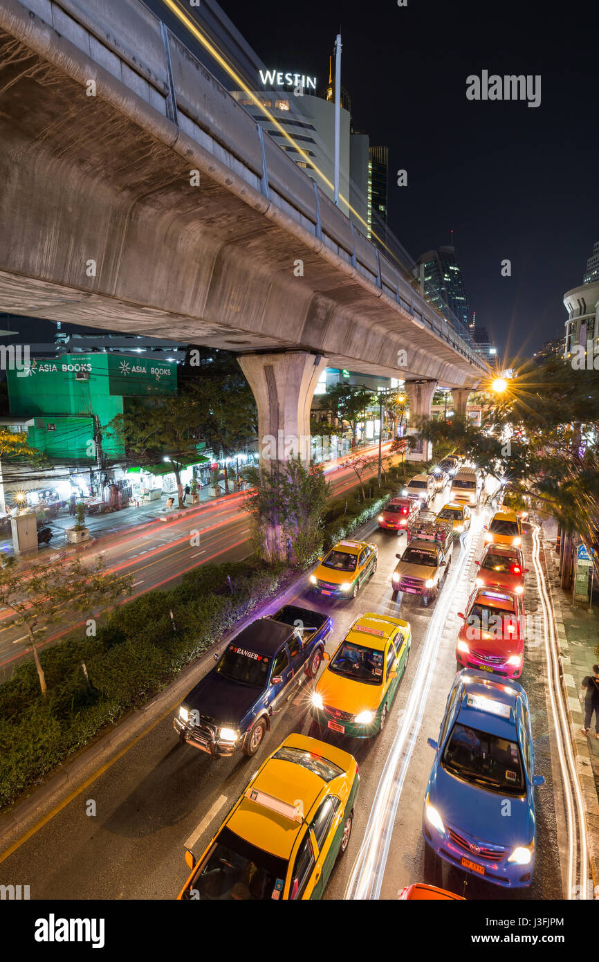 Horrific traffic jam on the Sukhumvit Road in Bangkok, Thailand, at night. Stock Photo