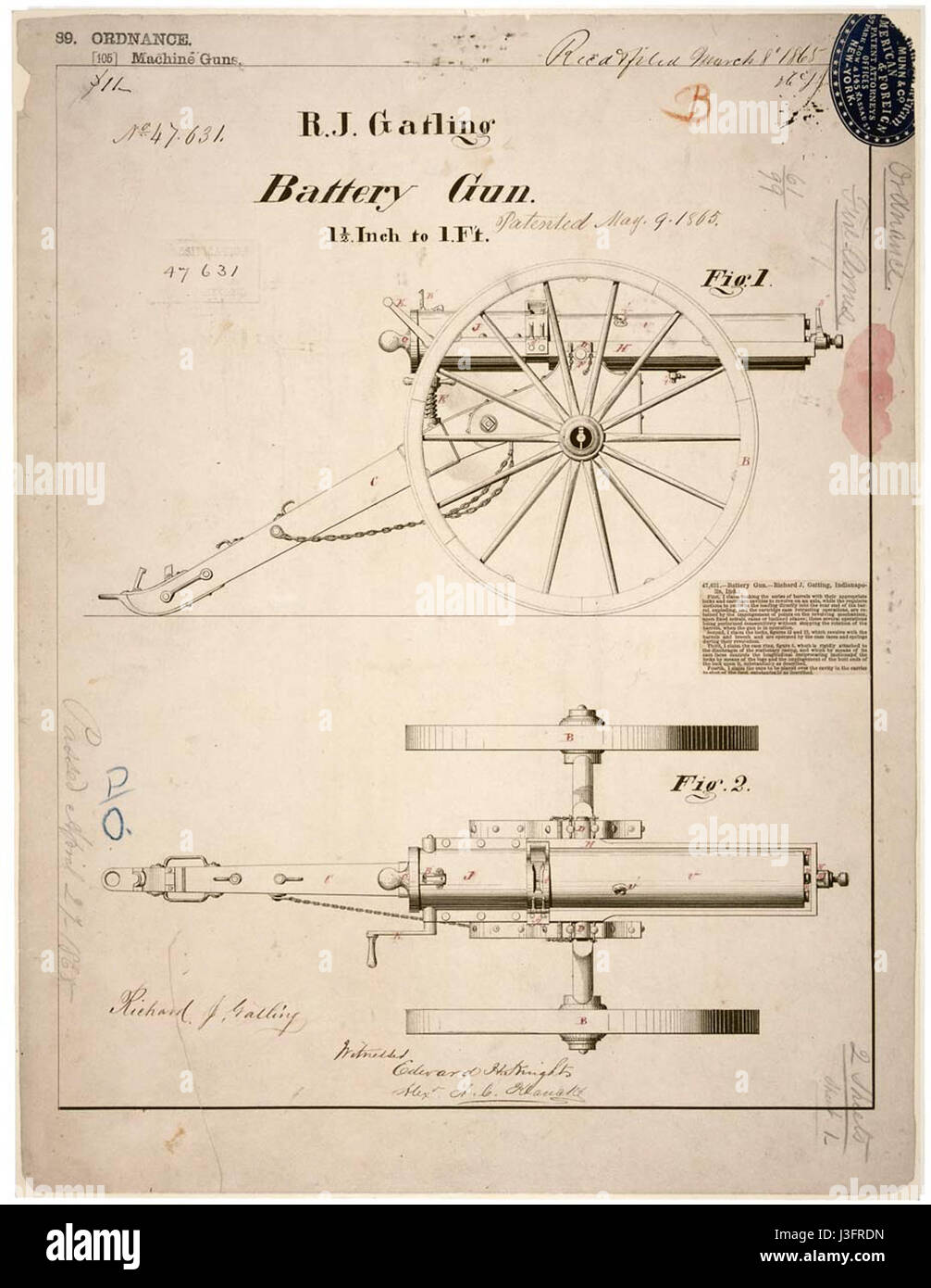 This is a drawing of a Gatling gun, an early rapid-fire weapon invented in the 19th century, showcasing its design and mechanical components. Stock Photo