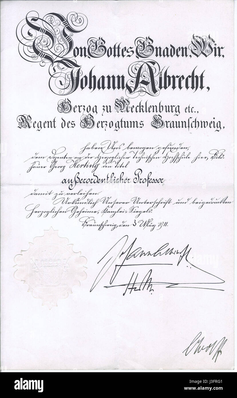 Georg Herting Urkunde Professor Herzog Johann Albrecht Mecklenburg Herzogtum Braunschweig 1911 Stock Photo