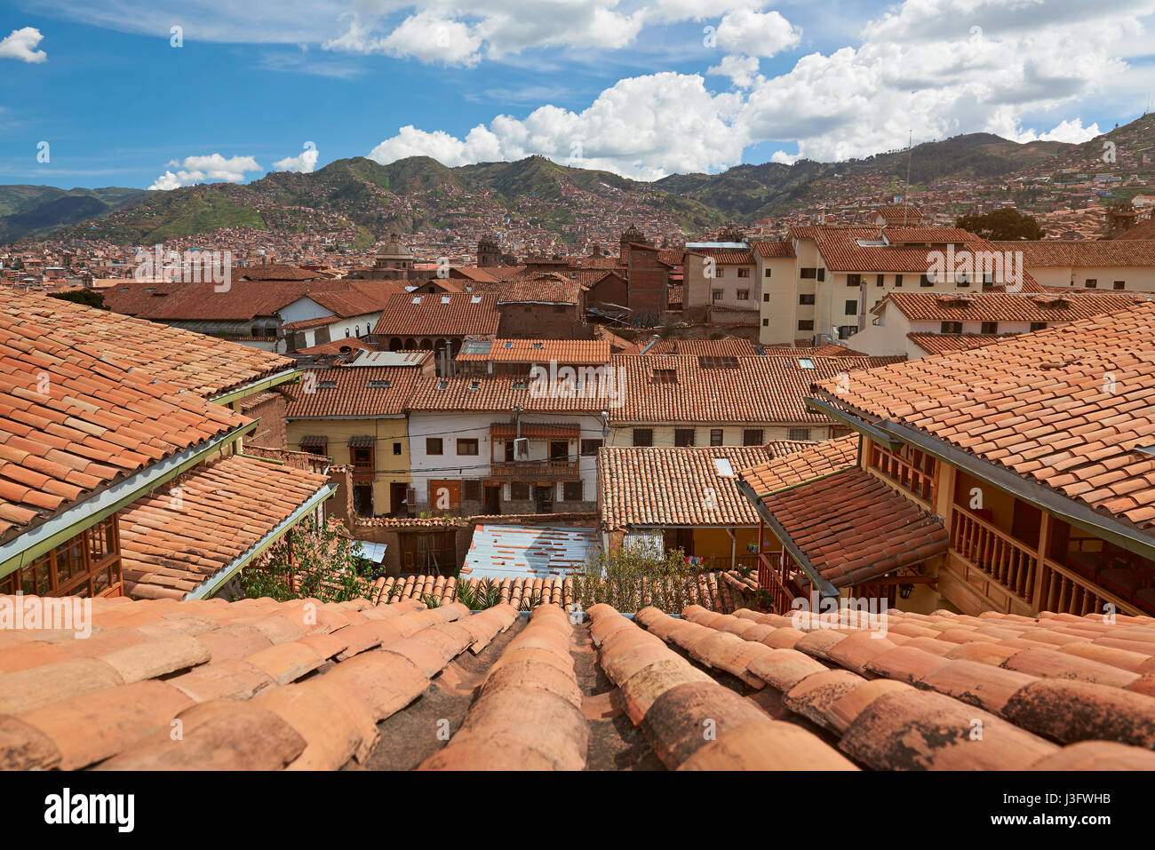 Cityscape of cusco city in Peru. Red roofs in cusco tourist city Stock Photo