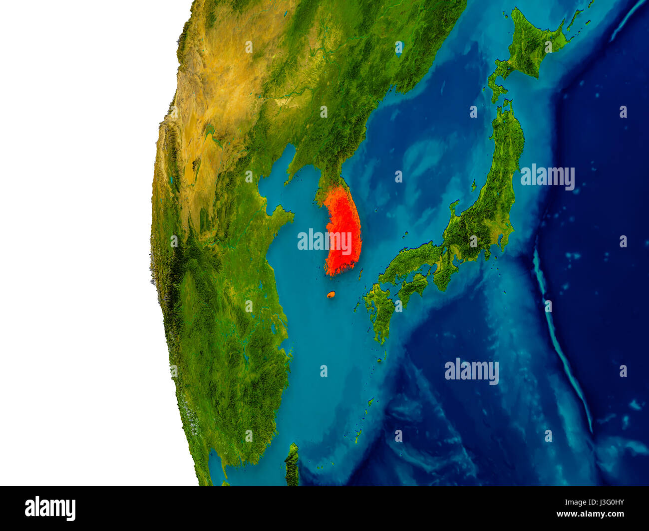 South Korea highlighted in red on detailed model of planet Earth. 3D ...
