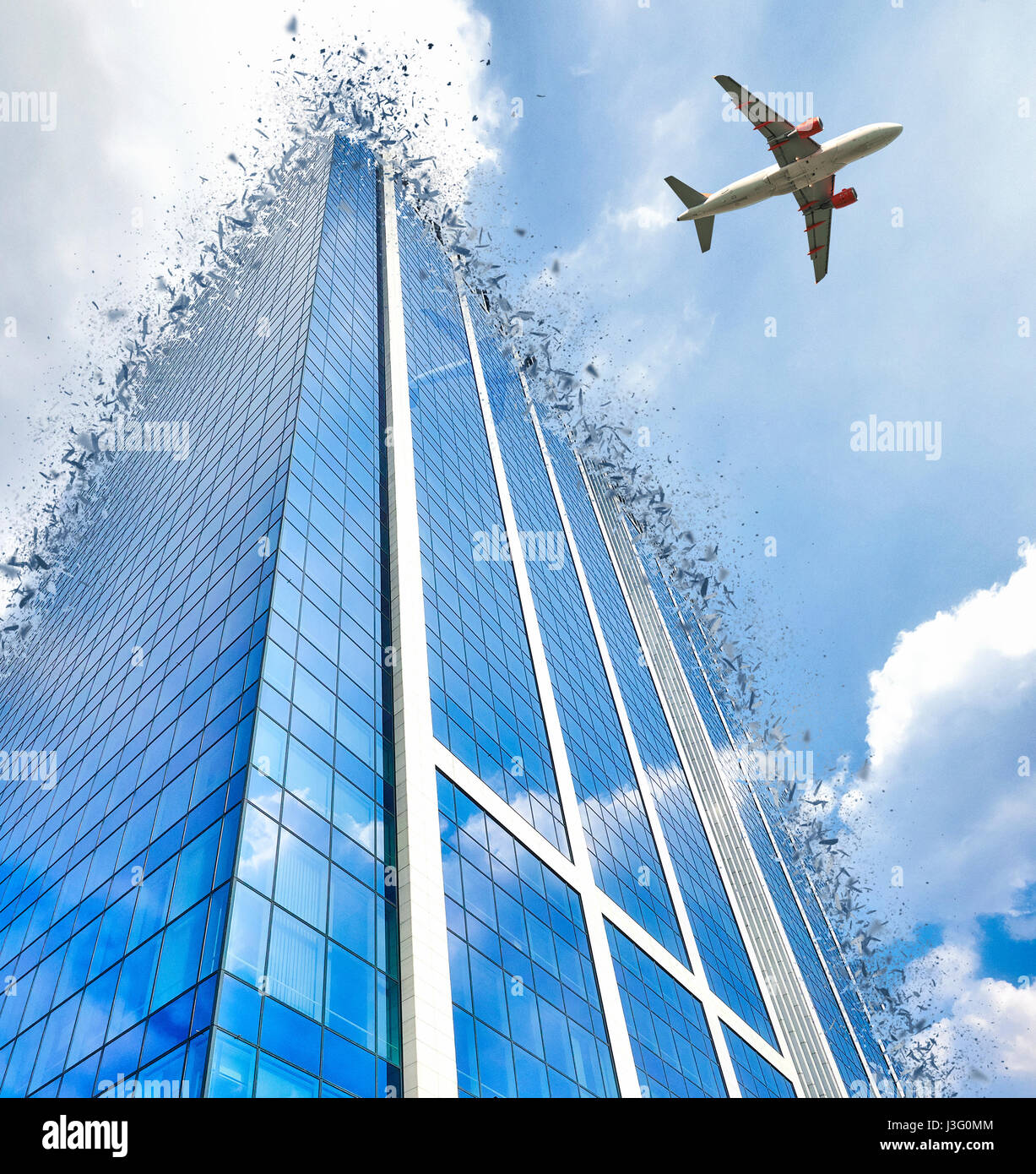 A jet plane flying low over Office building with plate glass walls