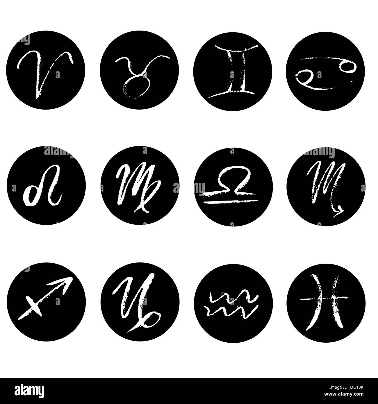 Set of signs of Zodiac icons. Hand drawn elements made with dry brush. Symbols of zodiac horoscope. Vector black and white illustration Stock Vector