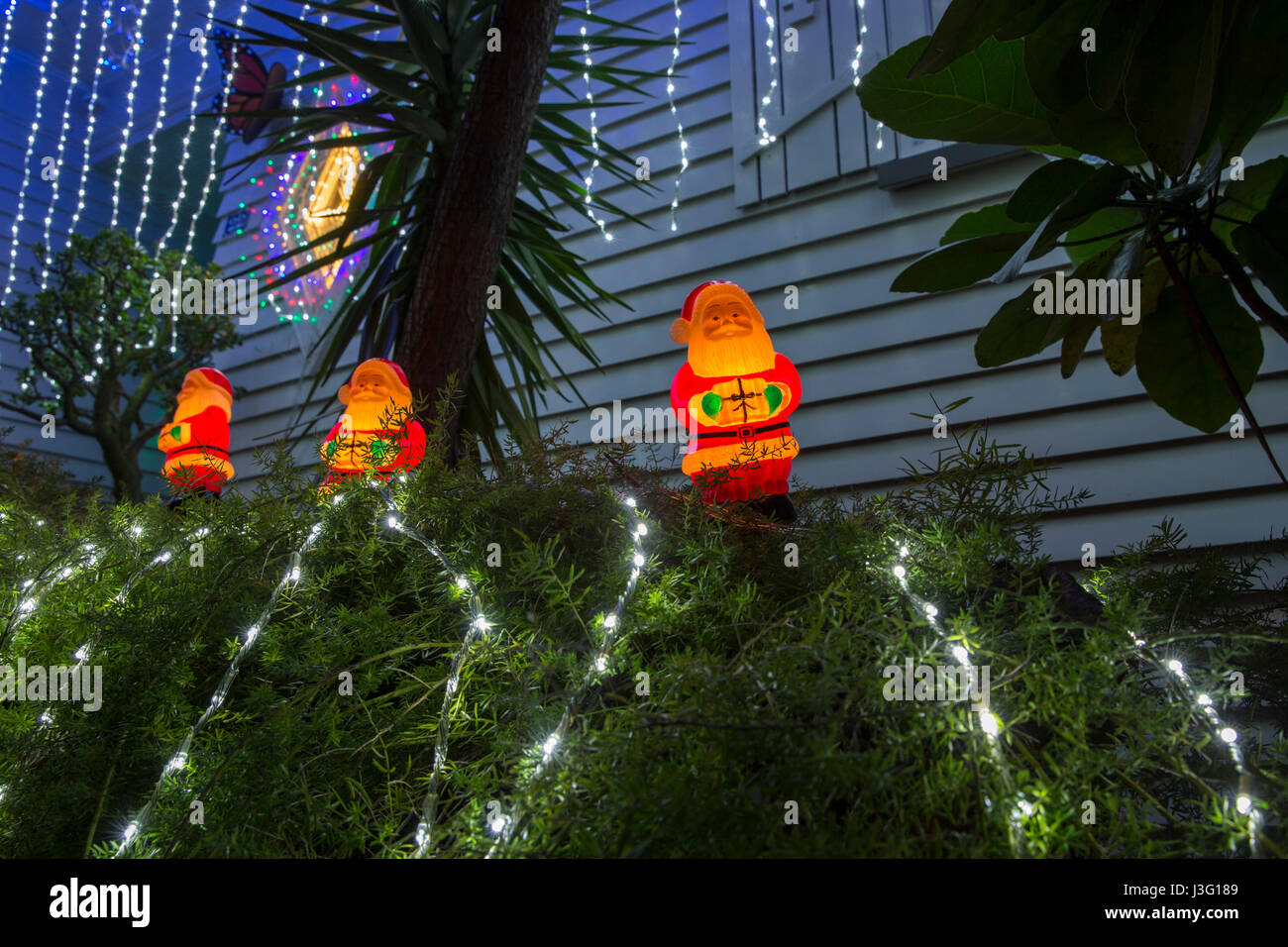 Christmas Lights decorate houses in Franklin Road, Auckland, New