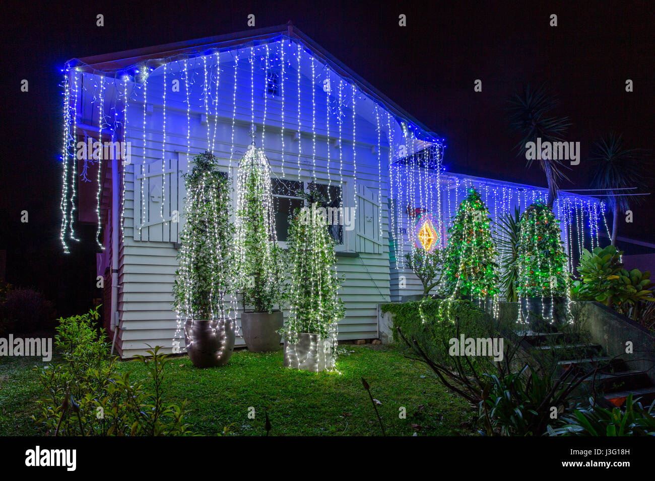Christmas Lights decorate houses in Franklin Road, Auckland, New