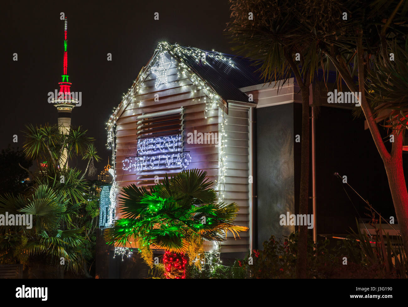 Christmas Lights decorate houses in Franklin Road, Auckland, New