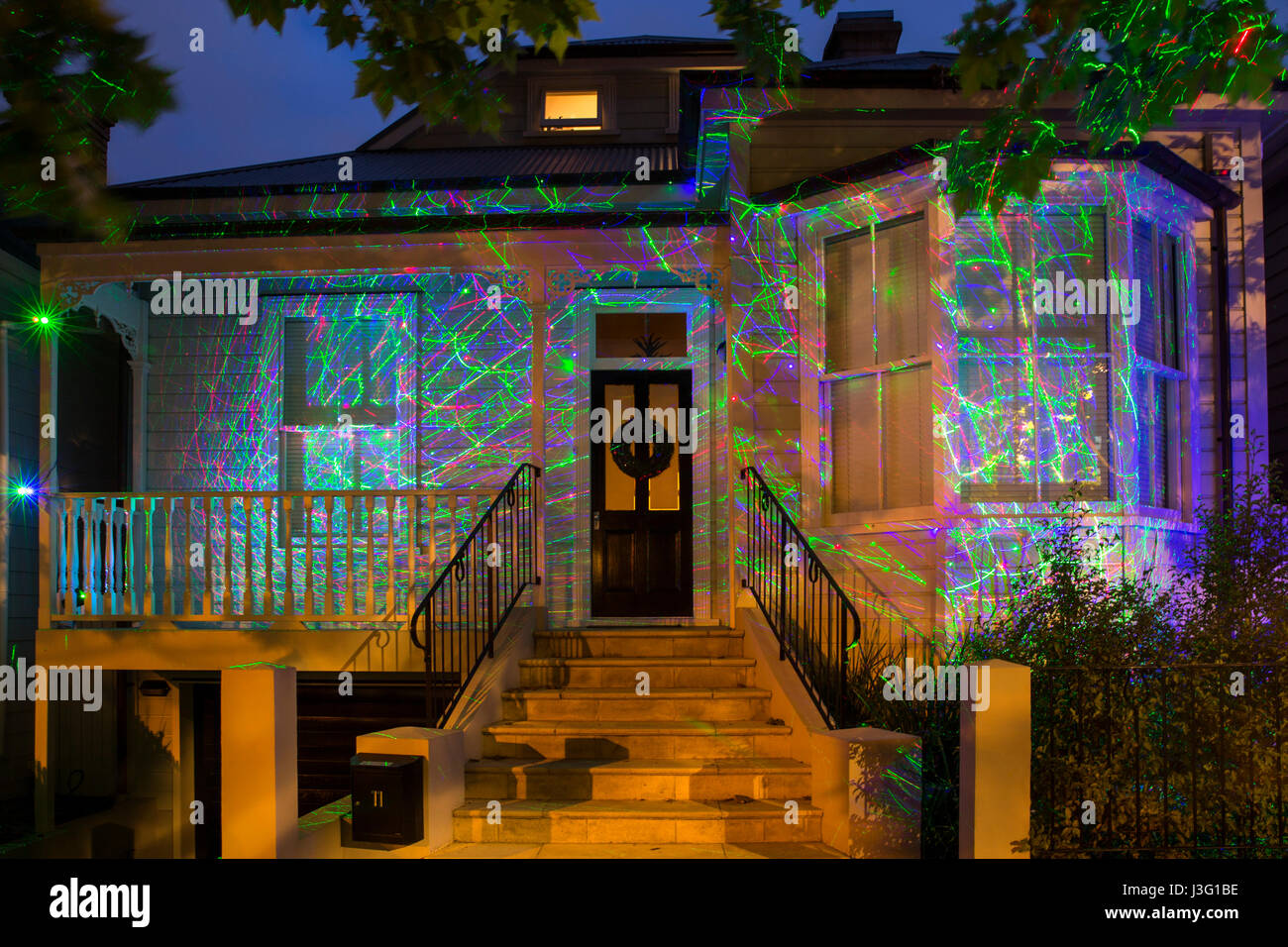 Christmas Lights decorate houses in Franklin Road, Auckland, New