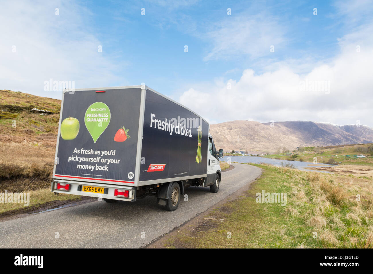 Tesco supermarket home delivery van in Applecross, a remote area of the Scottish Highlands Stock Photo